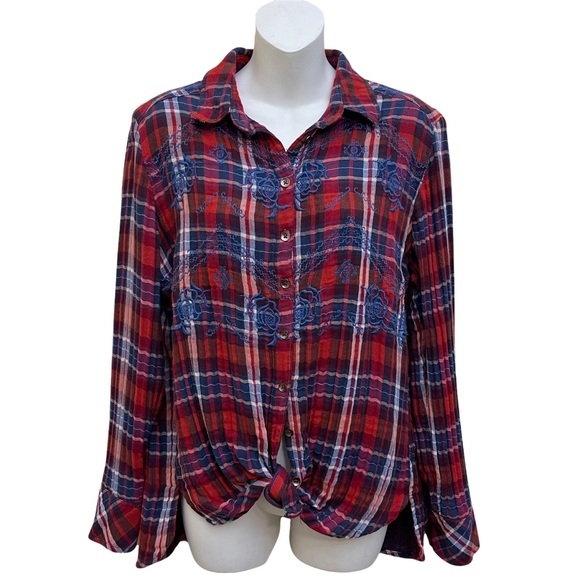 Free People Magical Plaid Shirt Red and Blue Embroidered Button Down Blouse S - Picture 5 of 14